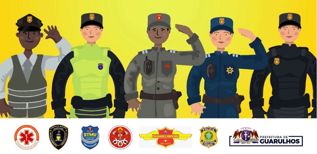 Grupo de segurança Viária de Guarulhos - Fundo amarelo - Desenho de agente de Trânsito, policial prestando continência, bombeiro e outros personagens que trabalham em prol da segurança viária.